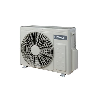 Hitachi AirHome 400 udedel til klimaanlæg i lysegrå med stor ventilator, set skråt forfra og fra højre.