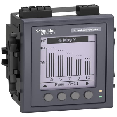 Schneider Electric PM5563 energimåler med eksternt display, monteret på DIN-skinne, viser grafisk analyse af harmoniske.
