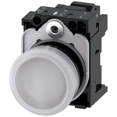 Siemens 22mm rund signallampe i hvid plastik med glat linse, vist med integreret bagmonteret enhed.