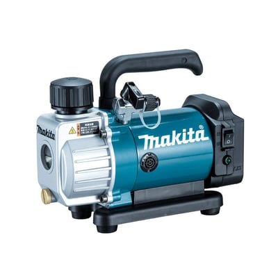 Makita 18V vakuumpumpe DVP180Z i turkis og grå med sort håndtag og sort base, vist fra siden med betjeningsknapper.