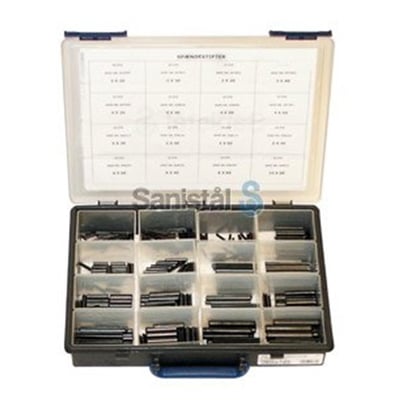 Oversigtsbillede af Raaco sortimentskasse, viser indholdet af 380 spændstifter fordelt i rum og et tydeligt mærkat på låget.