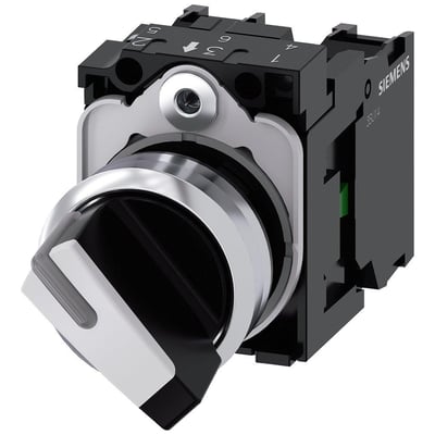 Siemens vælgerkontakt 22 mm, hvid, med lysbar og 1NO 1NC kontakter, vist fra venstre.