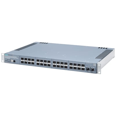 Siemens SCALANCE XR302-32 managed layer 2 IE-switch i 19" rack-størrelse, med tydelige frontpanel-porte og indikatorer.