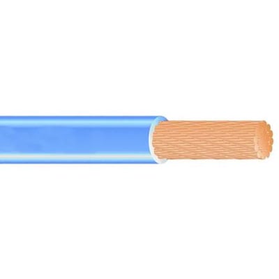 Halogenfri ledning H07Z-K HF 90° med 1x16 mm² tværsnit i lyseblå, viser lederen af fintrådet kobber med isolering.