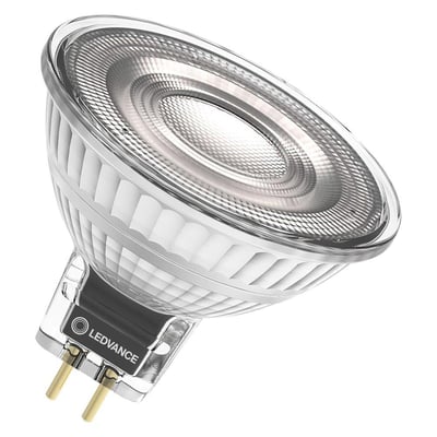 Ledvance LED MR16 lyskilde med GU5,3 sokkel og mærket med LEDVANCE logo, set fra en vinkel.