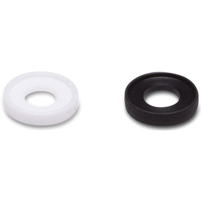 To mini EPDM pakninger, én hvid og én sort, vist side om side på hvid baggrund. Ø14 mm pakninger til levnedsmiddelfittings.