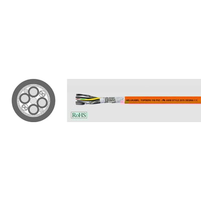 HELUKABEL TOPSERV 119 PVC styrekabel i orange med mærkning, viser tværsnit af 4G6+(2x1)+(2x1,5) kerner og 'RoHS' logo.