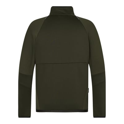 Bagsiden af Engel X-treme midlayer cardigan 8371 i forest green, str. 6XL med markante syninger og ribstrikket detaljer.