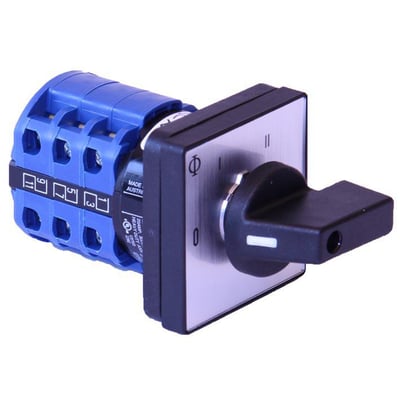 Kraus & Naimer specialomskifter, 20A, med 4 huls frontmontage 48x48 front, CA10 DKC288 E, vist med blå terminaler og sort drejehåndtag.