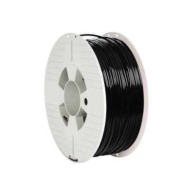 Verbatim 3D printer filament i PET-G, 1,75 mm diameter, 1 kg spole i blank sort farve på hvid baggrund.