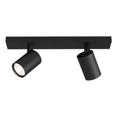 Astro Lighting Ascoli Twin loft- og væglampe i mat sort med to cylindriske spots set skråt forfra.