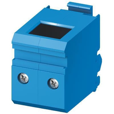 ABB Smissline N strømforsyningsblok med ekstra stikkontakt i blå plast med synlige skruer og et sort felt på toppen.