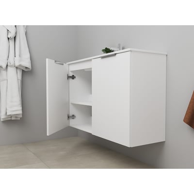 Sanibell Online møbelsæt i mathvid, 101 cm bredt, med 2 åbne låger der viser justerbar hylde og plads til rørføring.