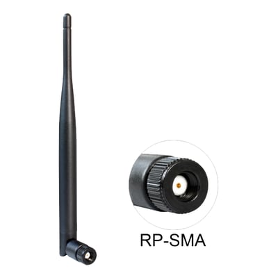 Sort DeLOCK WLAN-antenne til 802.11-standarder med vippeled og RP-SMA-stik; stikket ses også forstørret.