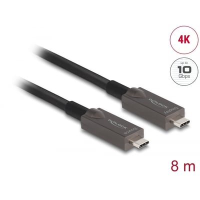 DeLock Active Optical USB-C kabel på 8 meter i sort med 'Source' og 'Display' mærkninger, understøtter 4K og 10 Gbps.