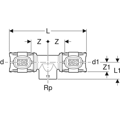 Teknisk tegning af Geberit FlowFit T-stykke med angivelse af dimensioner for 32mm rør og 1/2" indvendigt gevind.