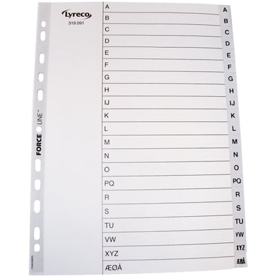 Lyreco register A-Å i A4 format, fremstillet af grå PP-plast med Force-Line hulforstærkning og tydelige bogstavinddelinger.