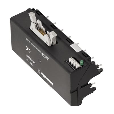 Weidmüller interfaceadapter til relæ med 10-polet stik og lang låsearm, set skråt ovenfra med sorte hus og grøn indikator.