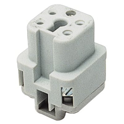 Procon A-bøsningsindsats 4P+J, 10A, 250-400V, med synlige skrueklemmer og lavet af grå glasfiberforstærket polyamid.