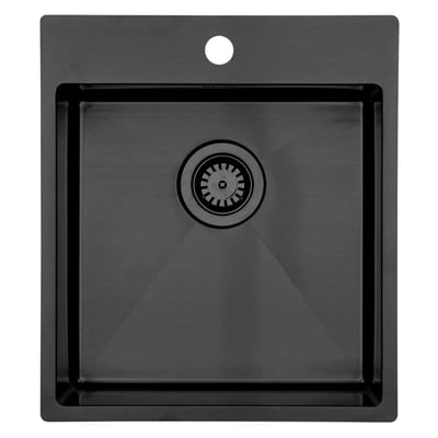Lavabo Kubus 440 Soft køkkenvask i sort PVD Shadow, firkantet med hanehul og manuel kurveventil, set ovenfra.