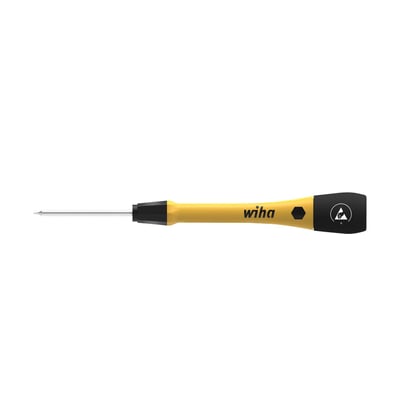 Wiha PicoFinish ESD-skruetrækker med T7-spids og 40 mm klinge, gul og sort med slankt håndtag.