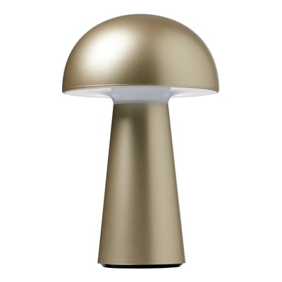 Bordlampe Move Me fra Nielsen Light, champagnefarvet, vist med lyset tændt nedefra. Lampen er lavet af plast og har en stilren svampeform.