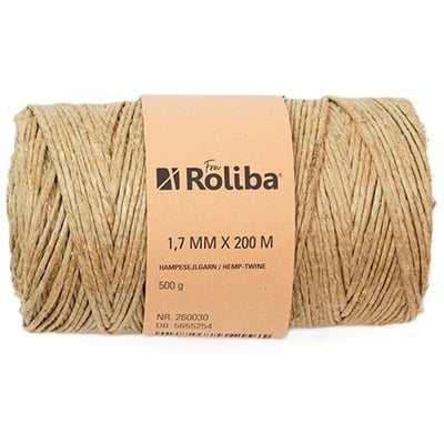 Roliba naturhamp sejlgarn på en rulle, 1,7 mm tykkelse og 200 meters længde.