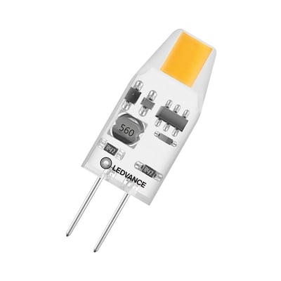 Detaljeret billede af Osram LED PIN MICRO G4-pære med G4 stiftsokkel og synlige elektroniske komponenter.