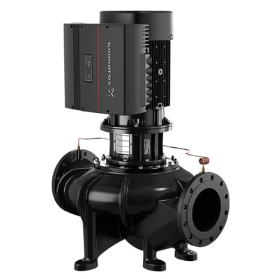 Grundfos cirkulationspumpe med DN150 PN10 kuglekontraventil i sort støbejern og hvid baggrund.