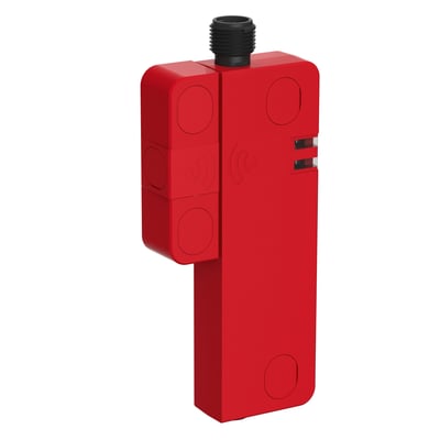 Rød Schneider Electric RFID-lågekontakt med M12-stik, monteringsdetaljer og indgraverede RFID-symboler. Produktet har et kompakt design.