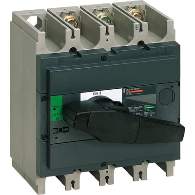 Schneider Electric INS250 3P lastadskiller med 200A mærkestrøm, viser drejehåndtag og terminaler på mørkegrå og lysegrå plast.