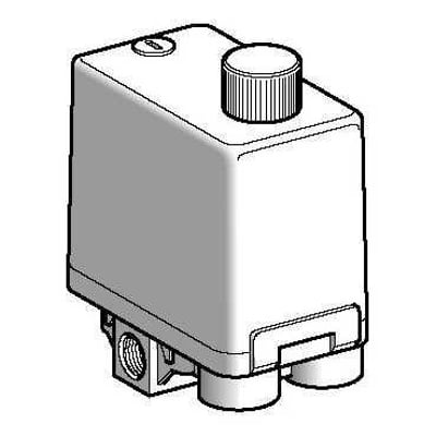 Schneider Electric XMP pressostat, 12 bar, 3-polet med 4xG 1/4 hun tilslutninger, vist med ON/OFF knap.