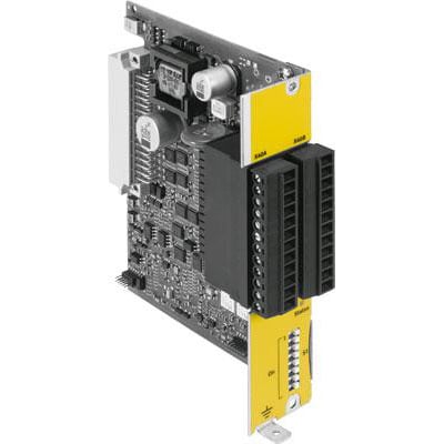 Festo CAMC-G-S3 sikkerhedsmodul med synlige printplader, sorte stik og gule mærkater. Enheden viser tekniske komponenter og terminaler til tilslutning.