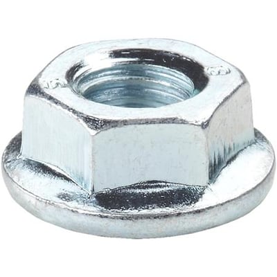 Robust M6 flangemøtrik i varmgalvaniseret stål med integrerede tænder for sikker låsning, vist isoleret.