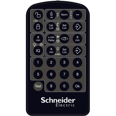 Schneider Electric fjernbetjening til KNX PIR sensor med numerisk tastatur og funktionsknapper for lys- og HVAC-styring.
