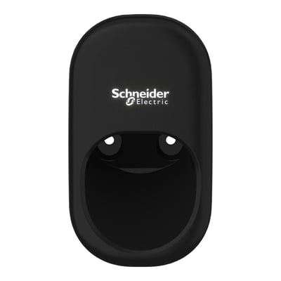 Sort Schneider Electric ladestikholder til elbil, fremstillet i plastik med logo og åbning til ladekabel.