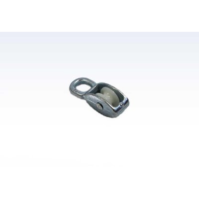 Roliba enkeltblok i elgalvaniseret udførelse, 6x20 mm, med sølvfarvet hus, hvidt hjul og øje.