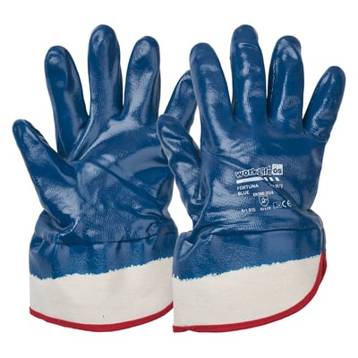 OS Fortuna Blue arbejdshandsker i størrelse 11 med blå nitrilbelægning og hvid krave, vist med front mod beskueren.