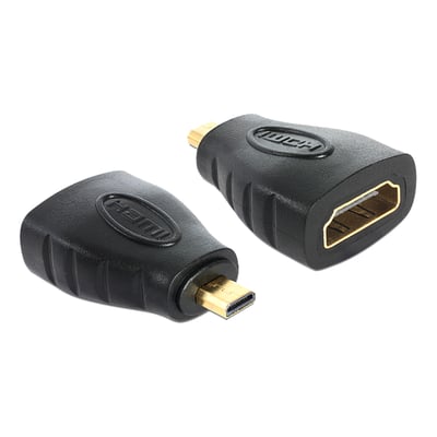 Delock HDMI-adapter i sort med micro HDMI-D-hanstik og HDMI-A-hunstik, vist med begge stikender.