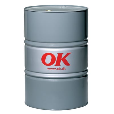 OK Hydraulik HVI 46, 208L olietønde i grå metal med rødt OK logo og www.ok.dk tekst.
