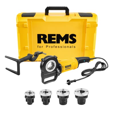 REMS Amigo el-rørklup til 1/2"–1 1/4" med gul stålkasse, aflastningsbøjle og fire skærehoveder.