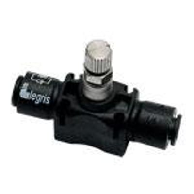 Parker Legris flow regulator 7770 i sort teknisk polymer med 8 mm diameter og justeringsknap i metal.