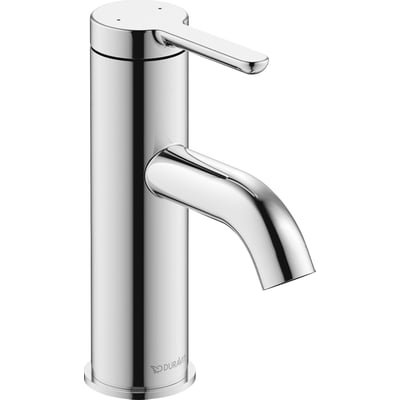 Duravit C.1 håndvaskarmatur i blank krom med ét greb og buet tud, set skråt forfra.