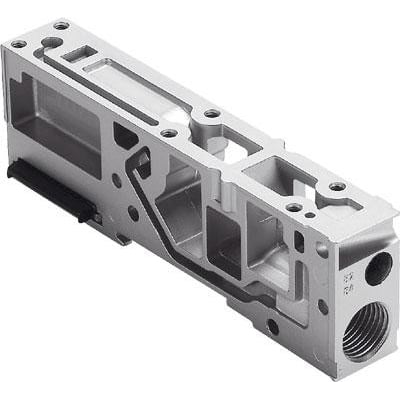 Festo forsyningsplade VMPA1-FB-SP i aluminium med udskæringer og gevindporte til pneumatiske anvendelser.