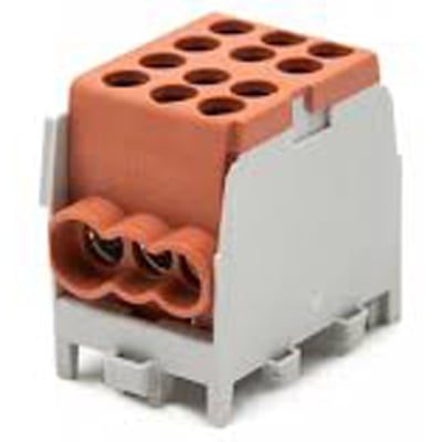 Pollmann Elektrotechnik fordelerblok M2 til 35 mm² med brun blokdel og grå base, set skråt forfra.