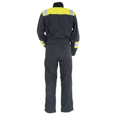 Tranemo Workwear Tera kedeldragt i navy, størrelse XL, set bagfra med reflekser på skuldre og ærmer.