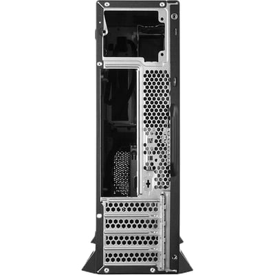 Bagsiden af Chieftec mATX-desktopkabinet med åbent indre, ventilationsgitre og udvidelsespladser.