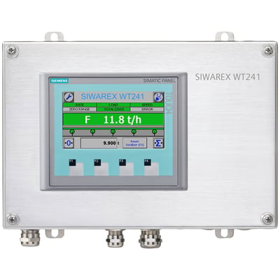 Siemens SIWAREX WT241 vejeterminal i børstet stålhus med touchskærm, viser 11.8 t/h rate.
