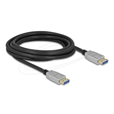 Sort DisplayPort-kabel fra DeLock, 3 meter langt, oprullet med to stik med sølvfarvede metalhuse.