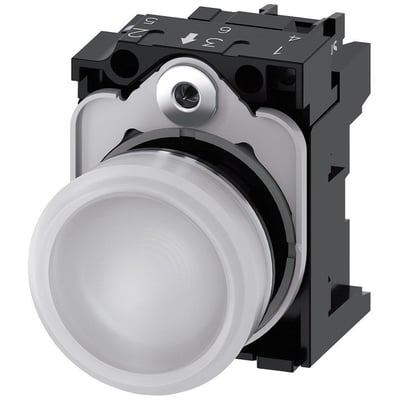 Siemens SIRIUS ACT indikatorlys med rund, hvid glat linse og skinnende metalfront, set skråt forfra.